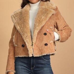 Chic Attitude Camel Suede Cropped Double-breasted Coat Brown